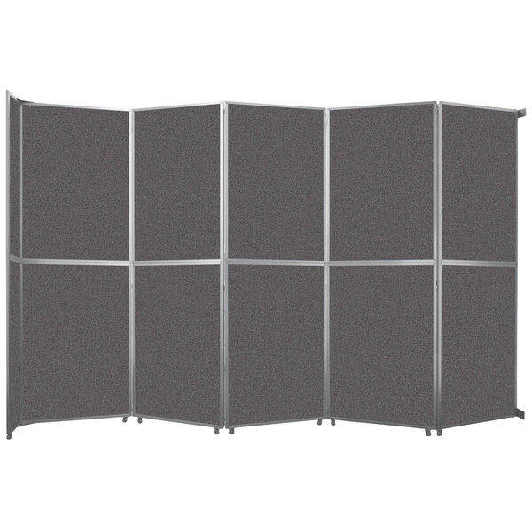 A Versare charcoal gray room divider with silver trim.