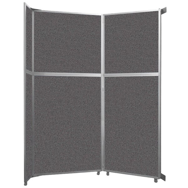 A Versare charcoal gray fabric room divider with a metal frame.