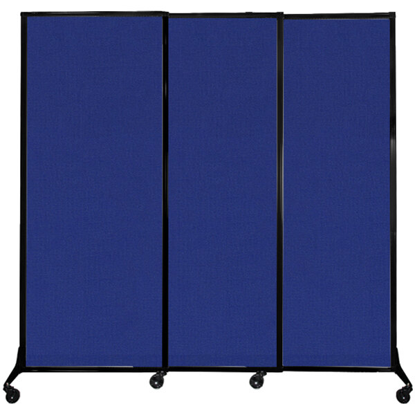 A blue rectangular Versare Quick-Wall room divider with black border on wheels.