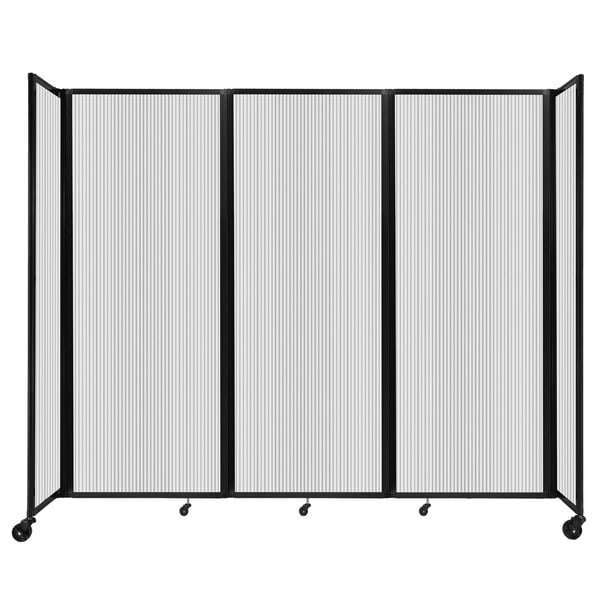 A clear polycarbonate room divider with black hinges.