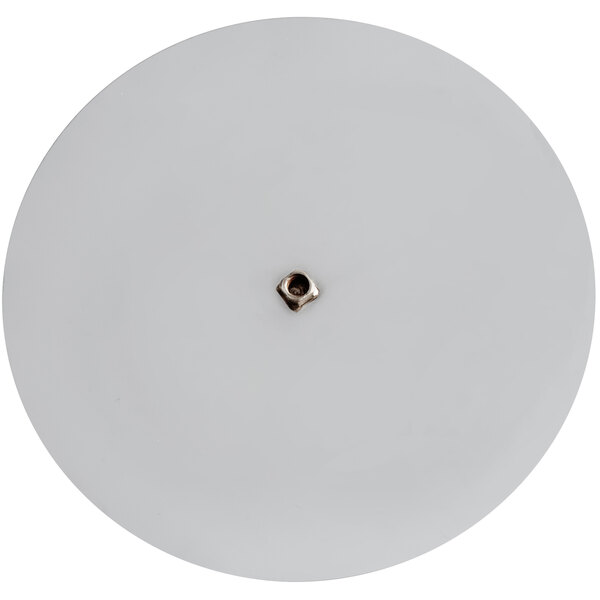 A white metal disc with a screw in the middle.