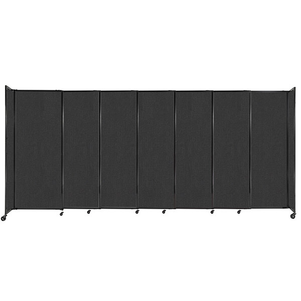 A black rectangular room divider with wheels and a white border.