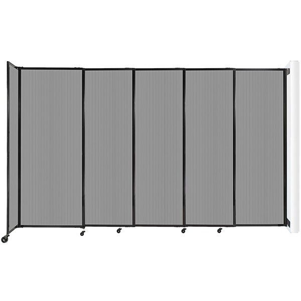 A light gray Versare wall-mounted sliding room divider with black wheels.