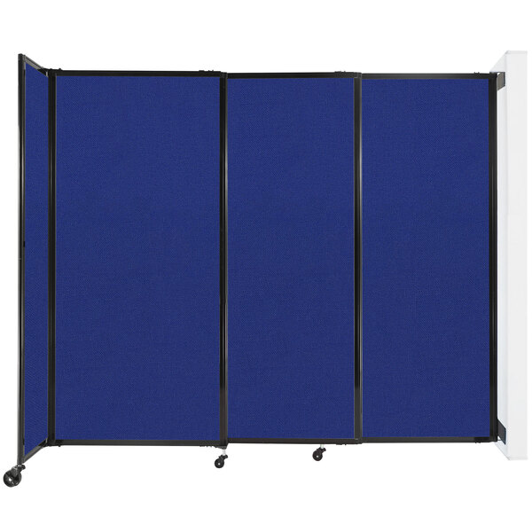 A Versare Royal Blue StraightWall wall-mounted sliding room divider with black frame.