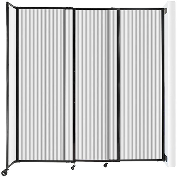 A clear Versare StraightWall wall-mounted room divider with black metal rods.