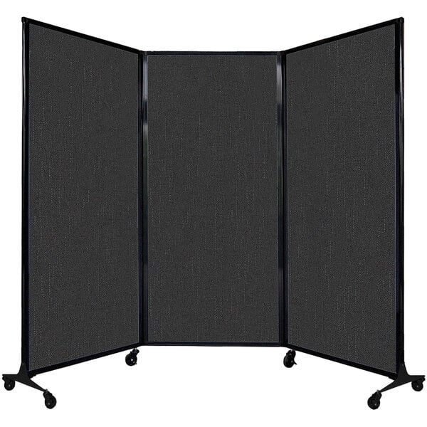 A Versare black portable room divider on wheels.