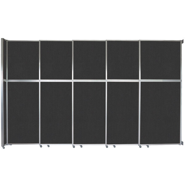 A black rectangular Versare sliding room divider with silver metal frame.