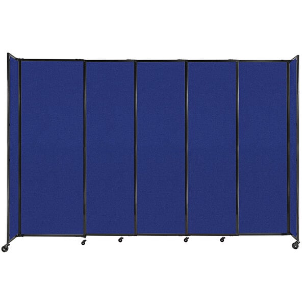 A blue room divider with black trim and wheels.