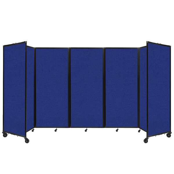 A blue rectangular Versare room divider with black trim on wheels.
