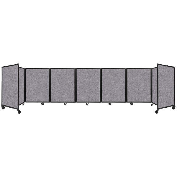 A Versare Cloud Gray foldable room divider with four panels and wheels.