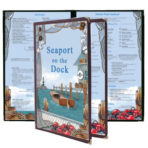 Seafood themed menu with a blue and white boat design on the right.