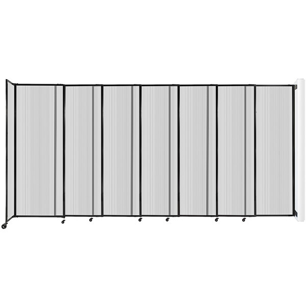 A clear poly Versare wall-mounted room divider.