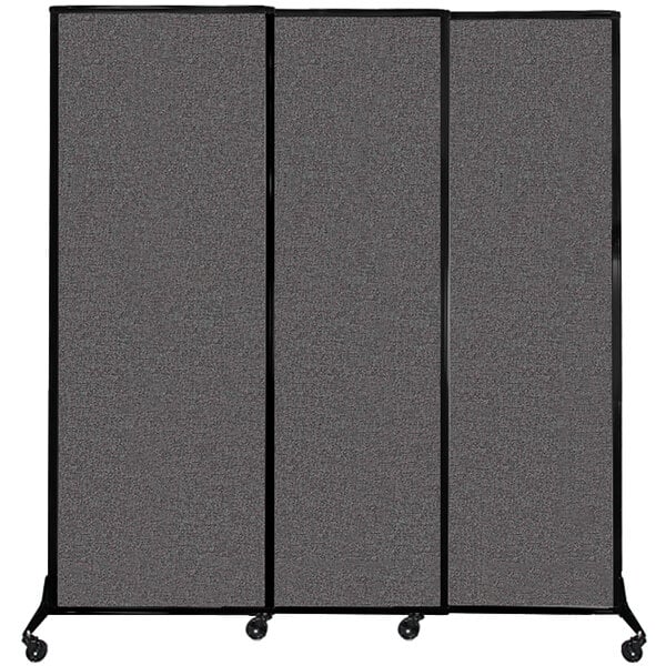 A Versare charcoal gray portable room divider with wheels.