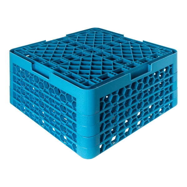 A blue plastic glass rack with 36 compartments and 4 extenders.