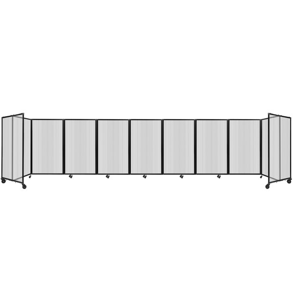 A clear polycarbonate room divider with five foldable panels.