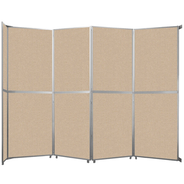 A Versare beige room divider with tan fabric panels.