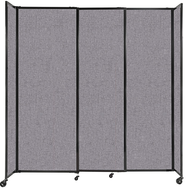 A Versare Cloud Gray room divider with black metal frame and wheels.