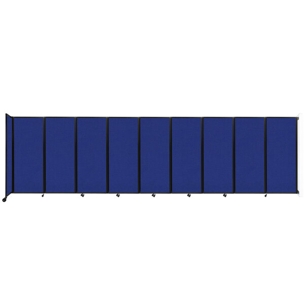 A blue wall-mounted room divider with black trim.