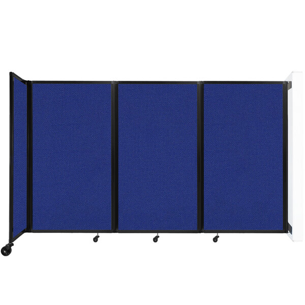 A blue rectangular Versare wall-mounted room divider with black trim.