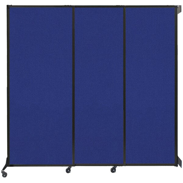 A Versare Royal Blue wall-mounted sliding room divider with black trim.