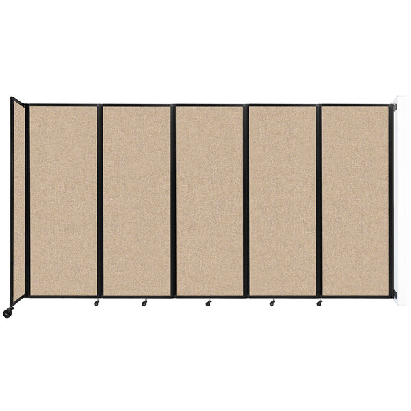 A Versare beige wall-mounted room divider with tan fabric panels.