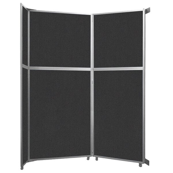 A black Versare room divider with silver trim on the panels.