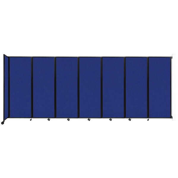 A blue wall-mounted room divider with black trim.