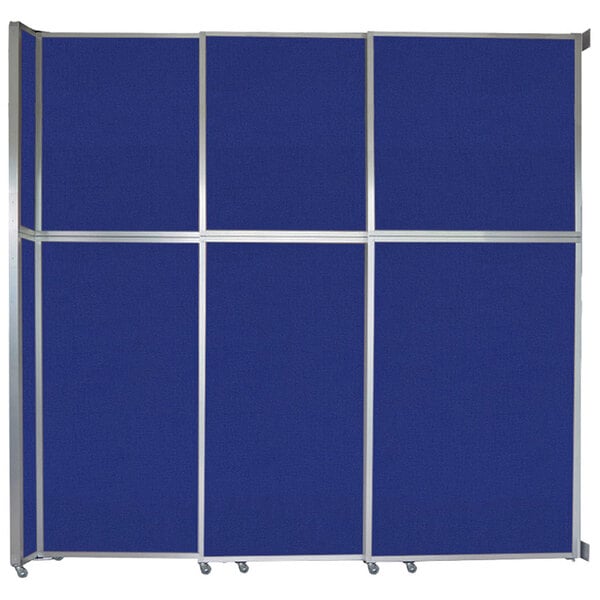 A blue rectangular Versare room divider with silver metal frames.