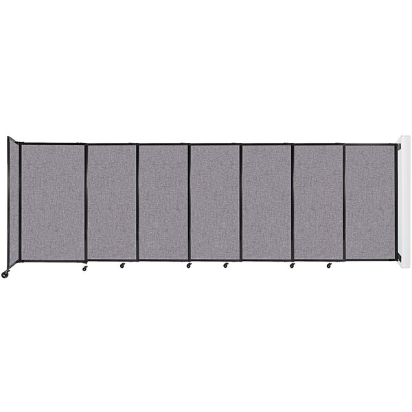A Versare Cloud Gray wall-mounted room divider with wheels.