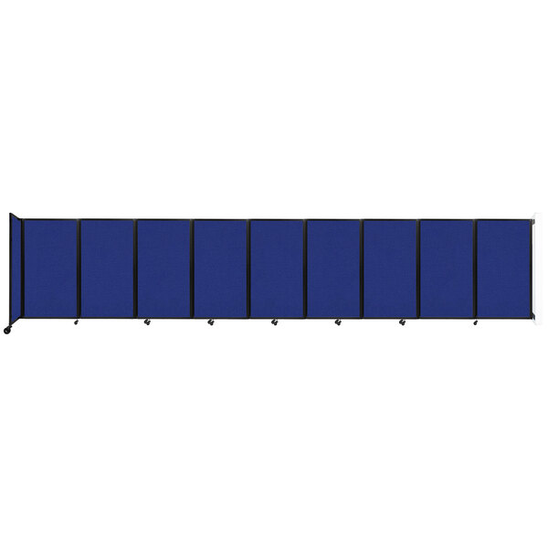 A blue wall-mounted room divider with black trim.