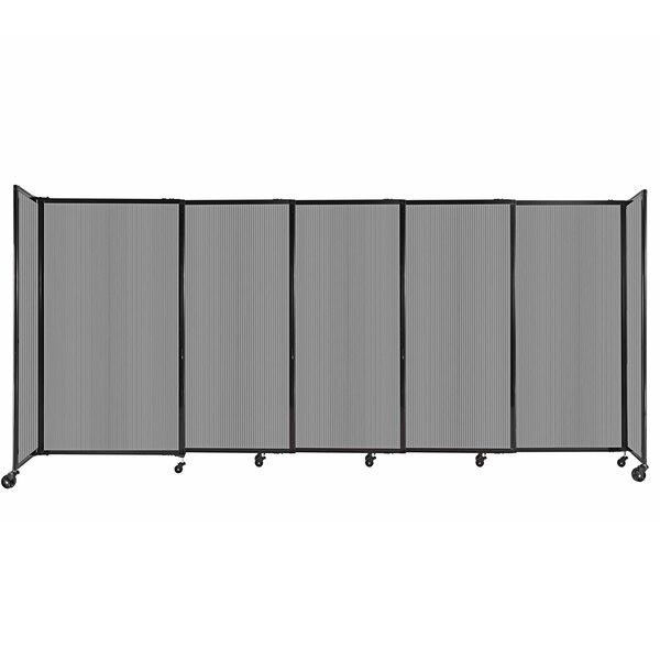 A light gray Versare room divider with black metal frame.