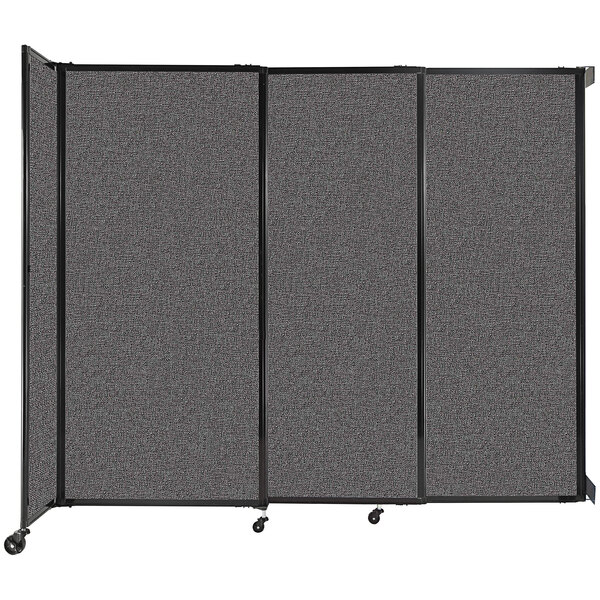 A Versare charcoal gray wall-mounted sliding room divider.