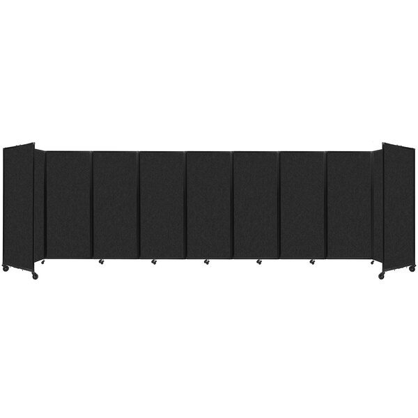 A black rectangular Versare SoundSorb folding room divider with wheels.