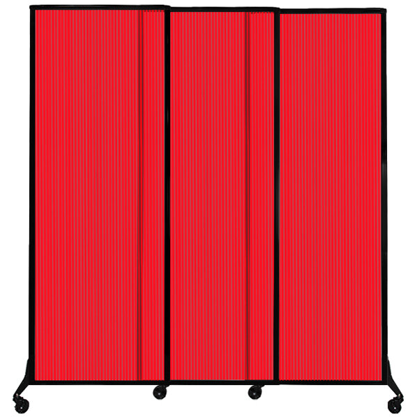 A red Versare Quick-Wall sliding room divider with black trim on wheels.