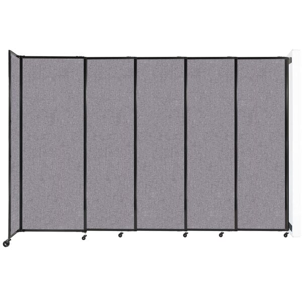 A Versare Cloud Gray room divider with black trim and four wheels.