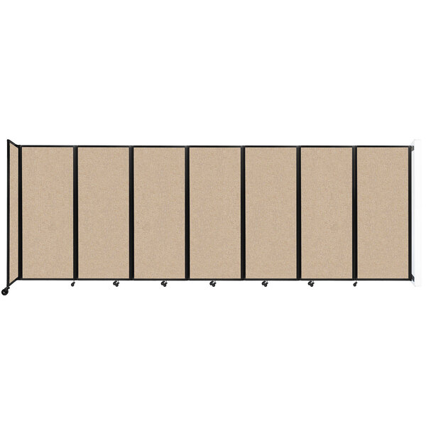 A beige Versare wall-mounted room divider with black frames and four panels.