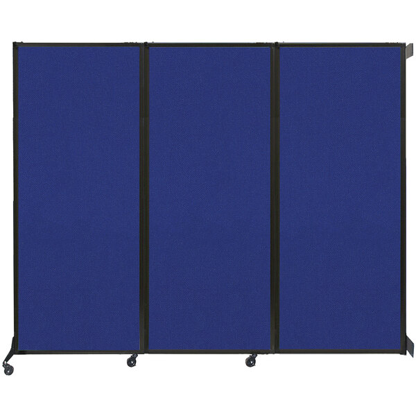 A blue Versare wall-mounted folding room divider with black trim.