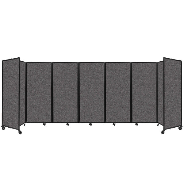 A Versare charcoal gray foldable room divider with wheels and several panels.