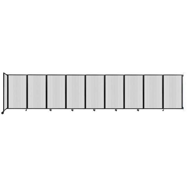 A long white rectangular room divider with black frames.