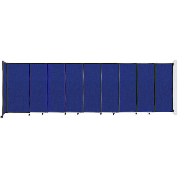 A blue wall-mounted room divider with black poles.