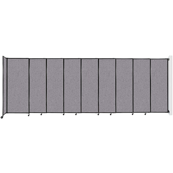 A Versare Cloud Gray StraightWall room divider panel with black straps.