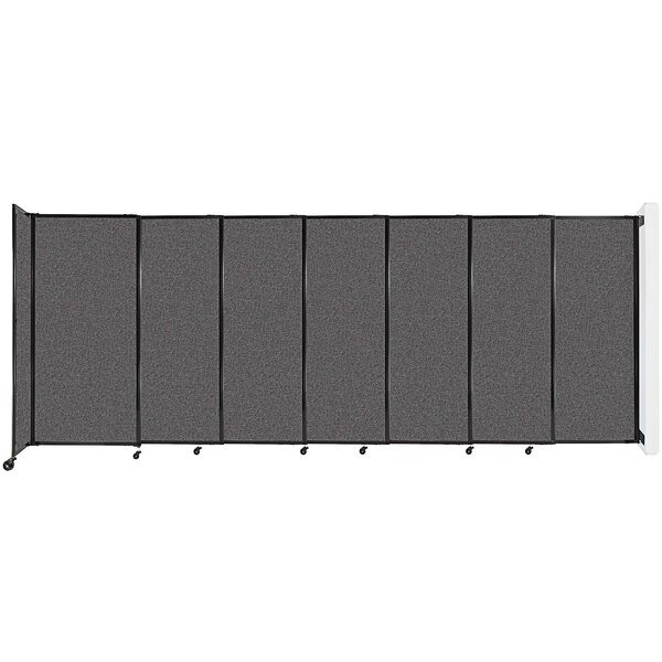 A Versare charcoal gray fabric room divider with wheels.