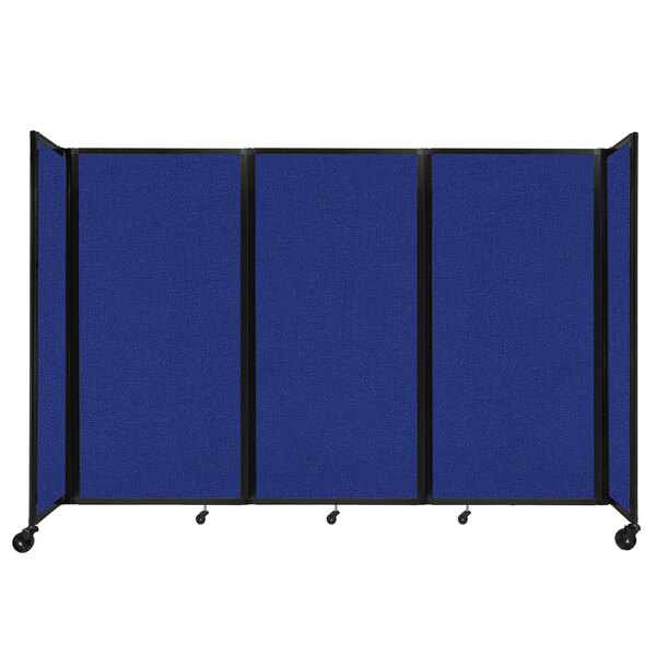 A royal blue Versare foldable room divider with wheels.