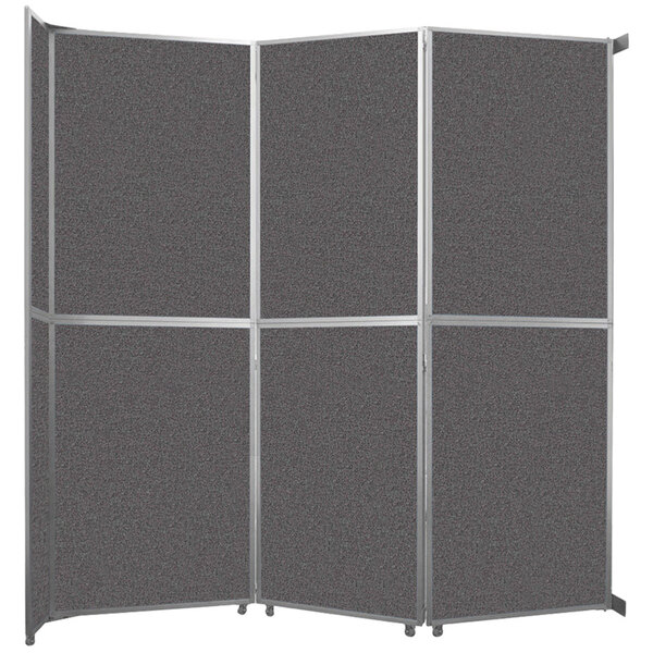 A Versare charcoal gray folding room divider with four panels.