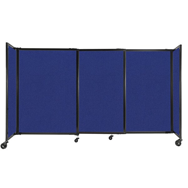 A Versare Royal Blue StraightWall sliding room divider with black trim on wheels.