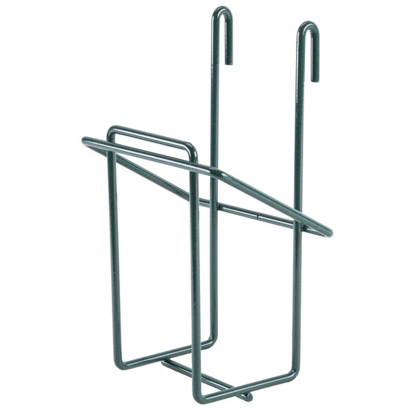 A green Metroseal 3 metal glove box holder with two hooks.