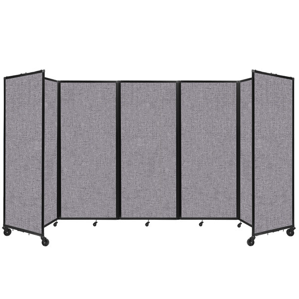 A Versare Cloud Gray foldable room divider with a black frame and four panels of grey fabric.