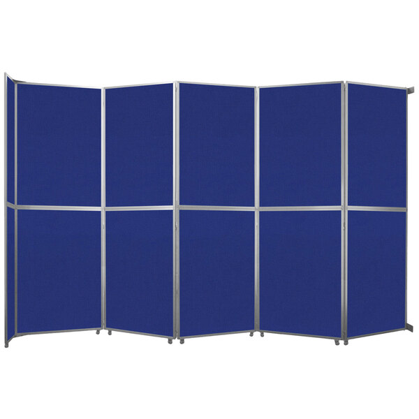 A Royal Blue Versare folding room divider with silver trim and four metal legs.