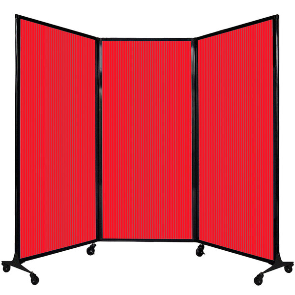 A red Versare Quick-Wall folding room divider with wheels.