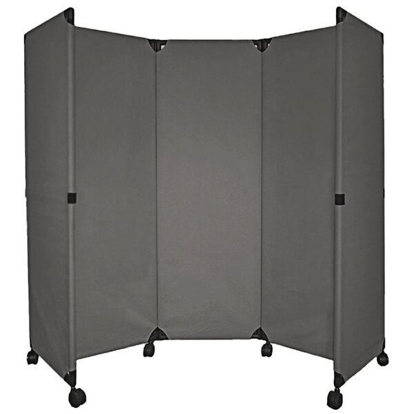 A grey folding screen on wheels.